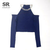 2021 Autumn knitted Sweater Women Long Sleeves Basic Knit Tops Off the Shoulder Sexy Pullovers Chain Diamond