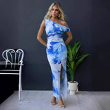 Spring And Summer New Slanted Shoulder Printing Elastic Force Of Rib Dress INS Casual Dress