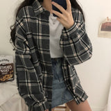 Oversized Shirt Long Sleeve Collared Boyfriend Plaid Blouse Fall Winter Women's Blouses & Shirts