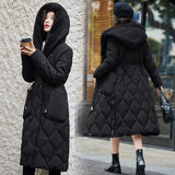 2024 New Diamond Lattice Loose Waist Down Cotton-Padded Coat Female Long Money Over The Knee Thick Cotton-Padded Jacket Winter Cotton-Padded Coat-Outfit