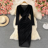 Autumn Sexy Draped Bodycon Midi Dress Women Elegant V-Neck Long Sleeve Party Robe Female Yellow/Green/Black Casual Vestidos
