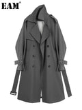 Women Gray Brief Bandage Big Size Trench New Lapel Long Sleeve Loose Fit Windbreaker Fashion Spring Autumn 2023