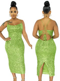 Fashion Sexy Sequins Straps Backless Slit Midi