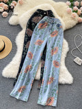 Women Summer Long Jeans Pants Floral Print 2022 Harajuku Zipper Button Packet Ladies Fashion Romantic Sweet