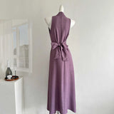 Femininity Purple V-Necked Neck Dress Female Design Feel Belt Strap Vest