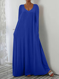 New Long Dress Casual Loose Short Sleeve Pure Color V Collar Body Size