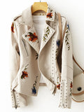 VAREY LIN 2022 New Women Retro Floral Print Embroidery Punk Faux Soft Leather Jacket Coat Pu Moto Biker Black Rivet