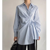Women Blue Pleated Bandage Big Size Blouse New Lapel Long Sleeve Loose Fit Shirt Fashion Tide Spring Autumn 2023