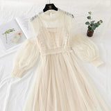 New Women Fashion Dress Stand Collar Lantern Sleeve Mesh Dress See-through Lace Embroidery Fairy Dress Femme Vestidos