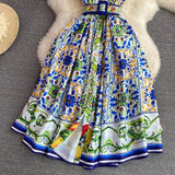 Summer Runway Shirt Dress Women's Notch Collar Sleeveless Blue And White Porcelain Print Lace-Up Belt Pleated Midi