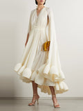 Temperament Dresses For Women Stand Collar Cloak Sleeve High Waist Ruffles Irregular Hem Dress Female Fashion