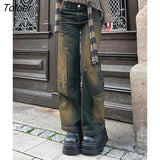 y2k Vintage Cargo Jeans Women Korean Fashion Pockets Up Wide Leg Denim Trousers Grunge Streetwear Low Rise Baggy