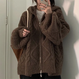Cable Knit Zip Up Hooded Cardigan-Outfit