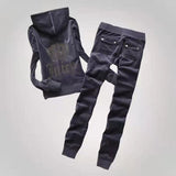 Tracksuits Women Elegant Two-Pieces Suit Sets Female Stylish Velet Zipper Hooded Top & Pant Zip Sets Joggers Juicy