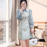 Runway Women Lace Splicing Embroidery Butterfly Mini Dresses Female Elegant Beading Peter Pan Collar A-Line Party