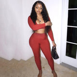 Autumn New Deep V-neck Long-sleeved Top + Trousers Solid Color Street Hipster Women Stitching Line Sports Two-piece