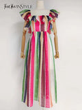 Casual Striped Dress For Women Square Collar Sleeveless High Waist Colorblock Midi Dresses Female Fashion