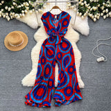 Ins Wear A Female Senior Sense Sleeveless V-Neck Tie Strap To The Belt Print Loose Broad Legs 100-Folded Jump-Fitting