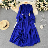 Autumn Retro Beach Pleated Dress Women Lantern Sleeve French Single Breasted 2022 Fashion Chiffon A Line Long