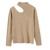 Women Black Cut-out High Elastic Knitting Brief T-shirt New Turtleneck Long Sleeve Fashion Tide Spring Autumn 2023