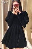 Temperament Woman Dress Vintage Robe Square Collar Puff Sleeve Slim Velvet Vestidos Mujer Korean Elegant Black