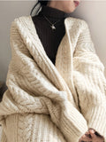 Korean Fashion Autumn Winter Medium Length Knitted Cardigan Thickened Loose Fried Dough Twist Sweater Jacket Women