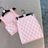 Pink Knit Plaid Skirt 2 Piece Sets For Women 2022 Summer Sexy U-Collar Crop Camisole Tops+Bodycon Mini Skirt Suits