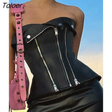 Punk Style Zip Up Corset Tops Black Leather PU Gothic Buttons Sleeveless Tube Tank Top Racing Moto & Biker Camis