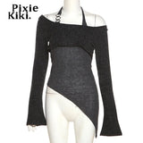 Fashion Y2k Tops Irregular Halter Off Shoulder Long Sleeve Top Grey 2 Piece Set Womens T Shirts Street Clothes