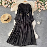 Yellow/Purple/Green Lace Patchwork Long Dress Women Spring Autumn Elegant Round Neck Puff Sleeve High Waist A-Line Party