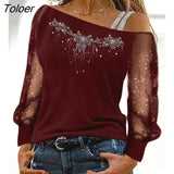 for Women 2023 Casual Daily T-shirts Glitter Sheer Mesh Long Sleeve Top Fashion Ladies Blouses Europe and America