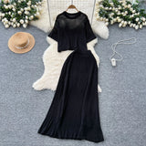 Dress A Complete Set Of Women's Han Yen-Down Short-Sleeved Knitting Blouse High Waist Slim Half Body Skirt Two