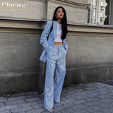 Fashion Long Sleeve Blazer 2 Piece Sets Womens Outfits Autumn Loose Office Pants Set Elegant Blue Cotton Trouser