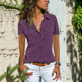 Cotton Tops Blouses 2019 Autumn Short Sleeve Solid V-Neck Office Blouse Female Work Women Button Up Shirt Plus Size