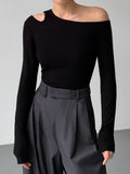 Fashion Women's Knitted Pullover Oblique Collar Long Sleeve Off Shoulder Hollow Out Sweater Female Autumn 2023 New