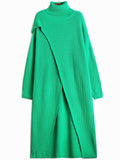 Women Blue Slit Big Size Knitting Long Dress New Turtleneck Long Sleeve Loose Fit Fashion Tide Spring Autumn 2023