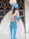 Skinny Two Piece Set Womens Square Collar Sleeveless Tops High Waist Denim Trousers Patchwork Feathers Female