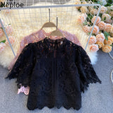 Korean Woman Clothes Blusas Mujer De Moda Fashion Shirts 2023 Hollow Out Floral Blouses Women Lace Laides Cropped