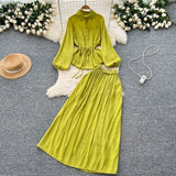 Simple Style Solid Temperament Suit Women's Spring Bubble Sleeve Strap Shirt + Tight Waist Slim Half Body Long