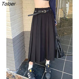 Korean Vintage Pleated Skirt Long Women Autumn Low Rise Preppy Style Casual A-Line Midi Skirt with Belt 90s