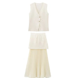 Women's Clothing 2025 Summer Solid Color Trim Gold Button Knitted Vest Top + Half Skirt