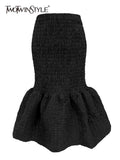 Casual Black Midi Skirt For Women High Waist Patchwork Pleated Folds Ruffle Hem Bodycon Skirts Female 2022