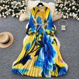 Elegant Dress Women Fashion Nail Ball Collar Hollow Pressure Folding Lantern Sleeves To Print Long