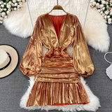 Women Sexy Draped Mini Dress Green/Red/Yellow Metal Color V-Neck Puff Long Sleeve High Waist Ruffle Hem Vestidos New