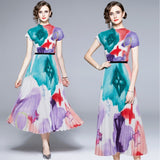 Fashion Women Skirt Suit 2022 Summer Printed Short Sleeve Stretch Pullover Top + High Waist Pleated Midi Skirt Two-Piece