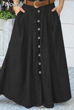 Maxi Skirts Fashion Women Elegant Button High Waist Midi Skirt Female Big Hem Casual Flare Pocket Button Long
