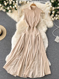 Summer Women Pleated Long Dress Vintage Stand Collar Sleeveless High Waist Draped Patchwork Vestidos Female Green/Red Robe