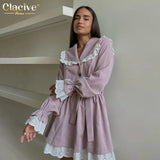 Fashion Loose Gray Dresses For Women Casual Doll Collar Long Sleeve Mini Dress Elegant Lace-up Patchwork Female