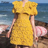 Yellow Lace Dress Women Puff Sleeve 2023 Vacation Elegant Mini Vestido Ladies Party High Waisted Street Bodycon