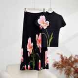 Fashion Set Women's Summer French High-Grade Folding Print Short-Sleeved Top + Loose A Word 100-Fold Long